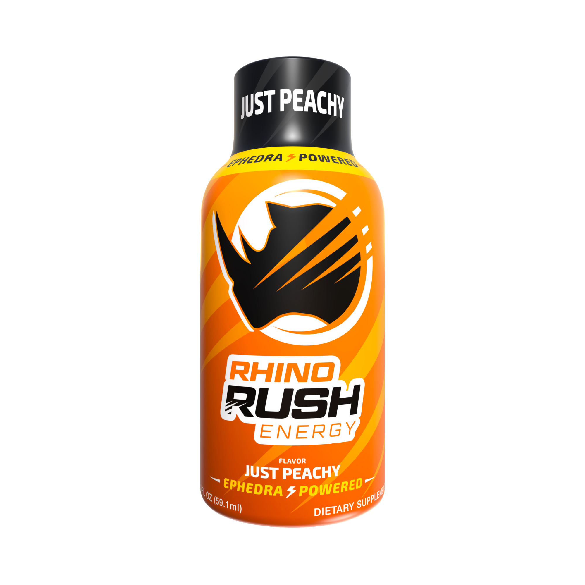 Rhino Rush Just Peachy Ephedra Energy Shot 2oz bottle — front label